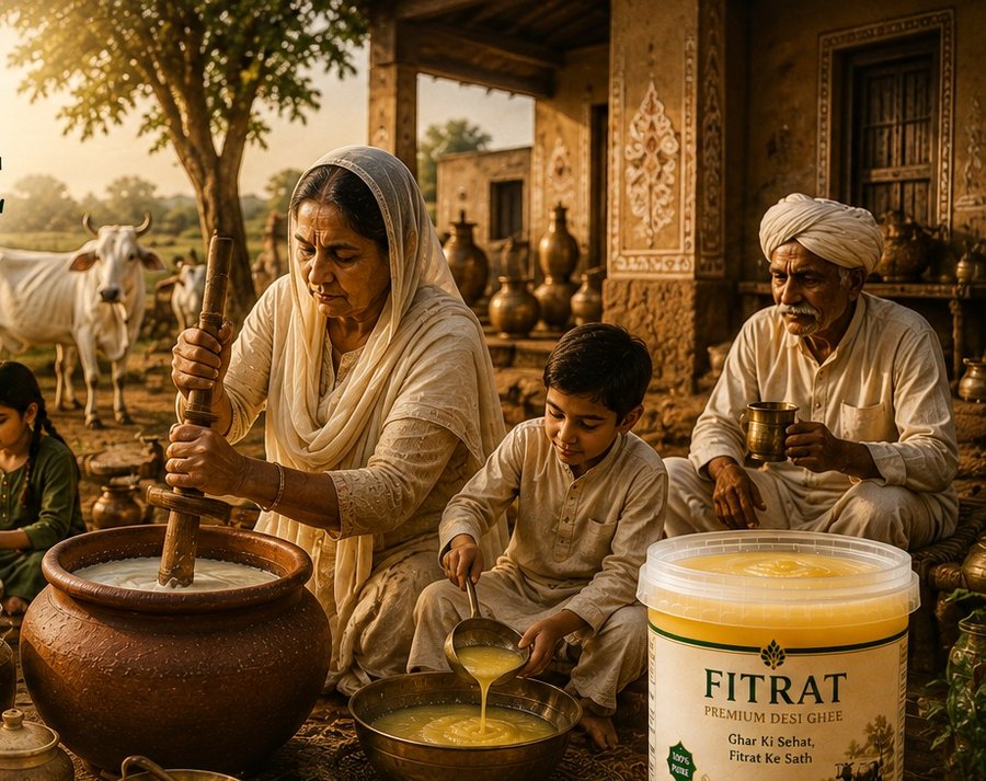 Traditional Bilona method of churning Desi Ghee by hand in a clay pot, an age-old family practice