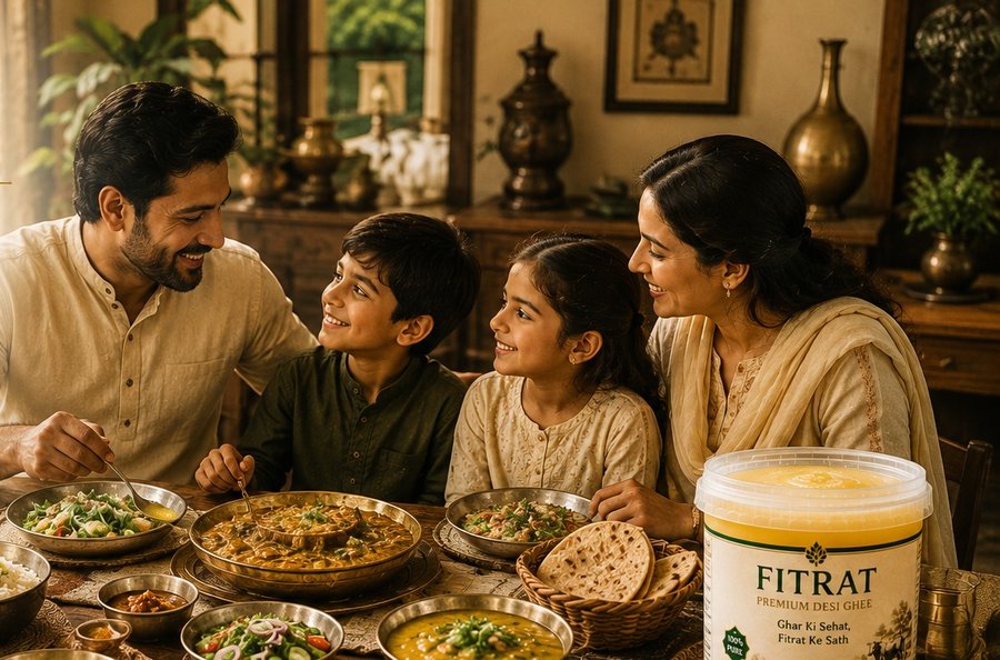 A Pakistani family sharing a warm home-cooked meal together, FITRAT Desi Ghee tub on the table
