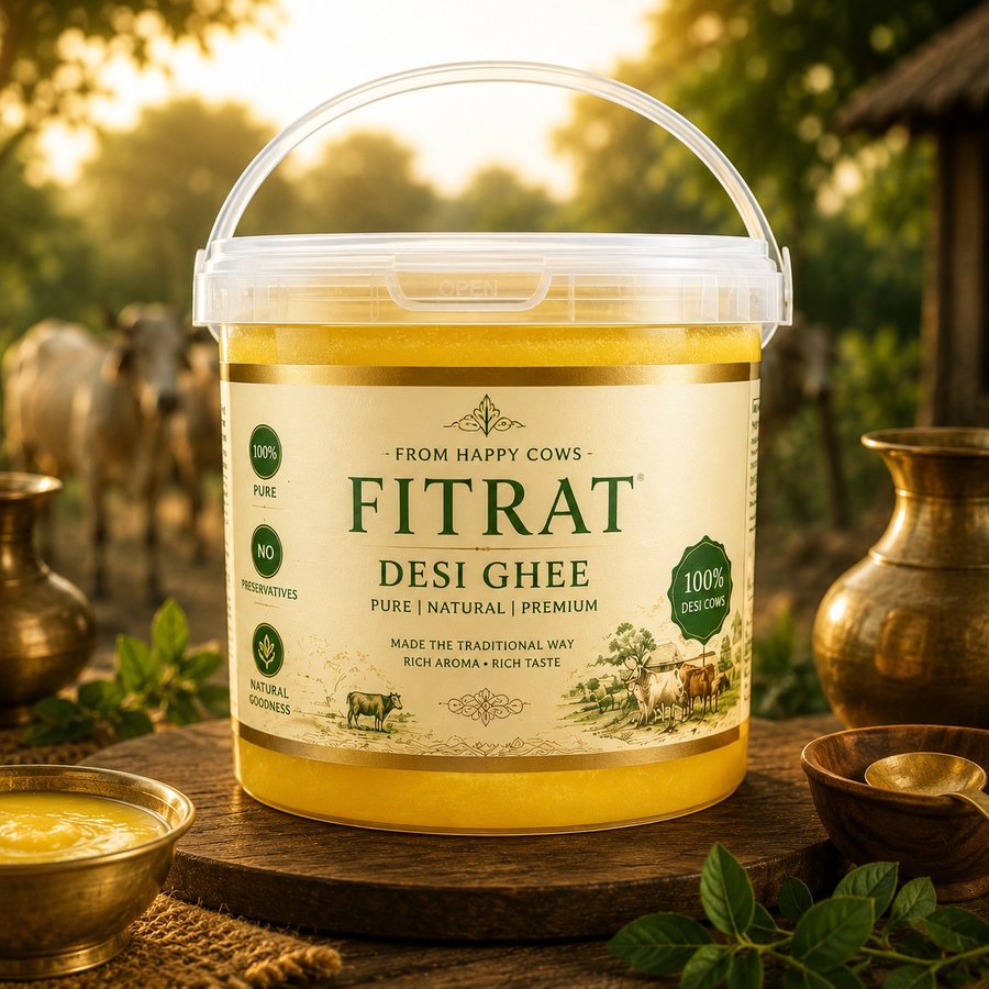 FITRAT Premium Desi Ghee tub, golden and pure, photographed outdoors near grazing cattle