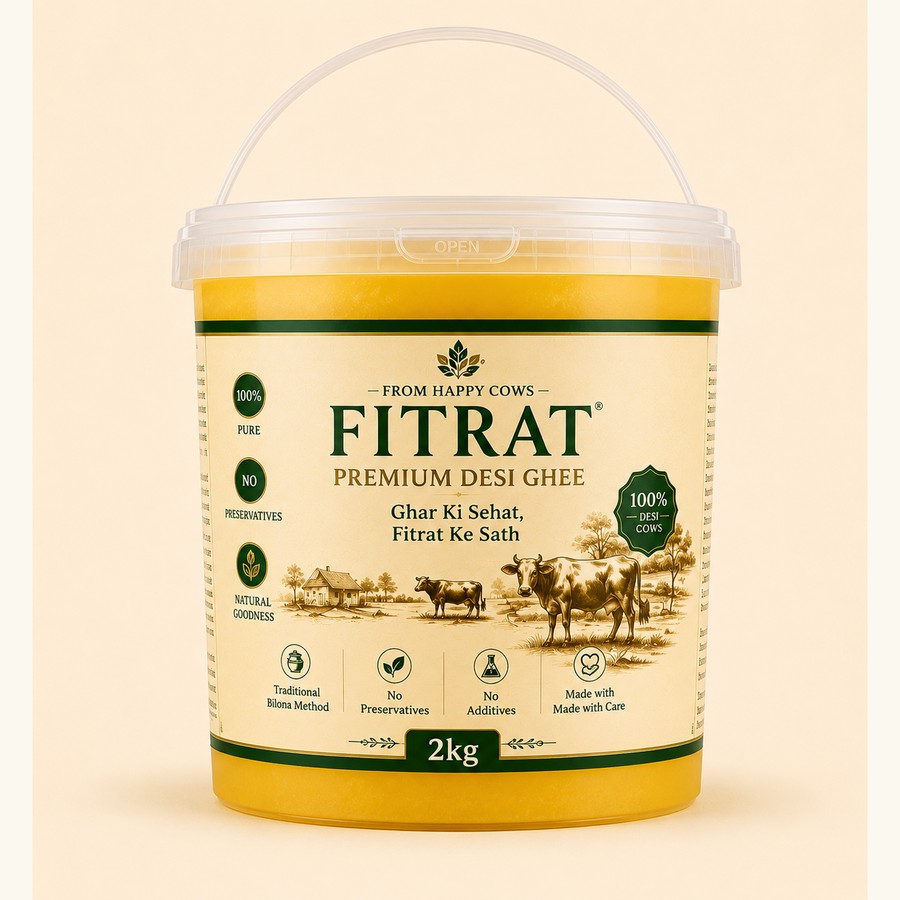 Sealed FITRAT Desi Ghee container stored properly in the kitchen